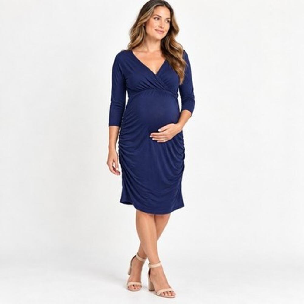 Oh! Mamma Modal Ruched Maternity Dress Size L Blue 3/4 Sleeve Surplice V-neck